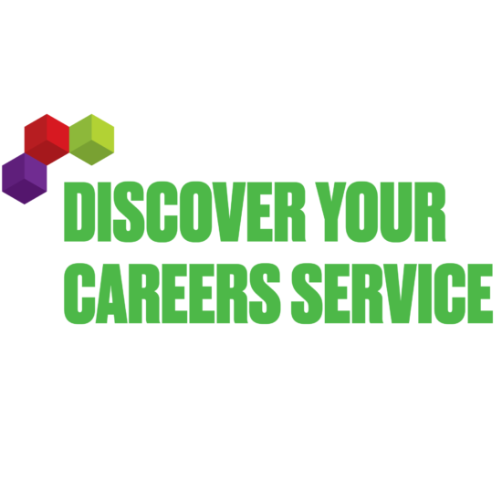 Logo for careers service. Design is of three coloured cubes to the top left of the words 'Discover your careers service'