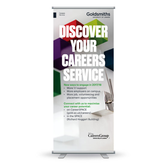 Visual of a pull-up banner with the copy of 'Discover your careers service'