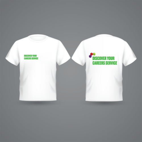 Visuals of t-shirts with the 'Discover your careers service' logo on the fron and reverse