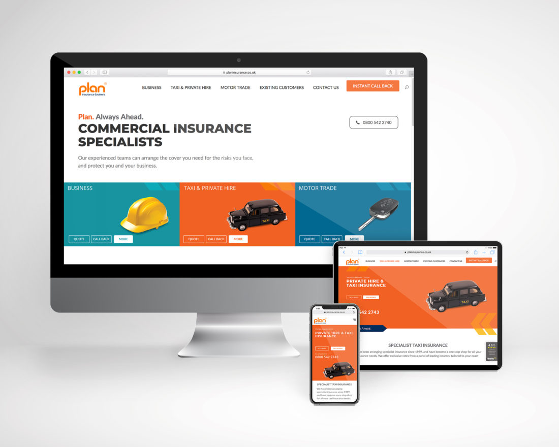 Website pages for Plan Insurance displayed on desktop, tablet and mobile screens