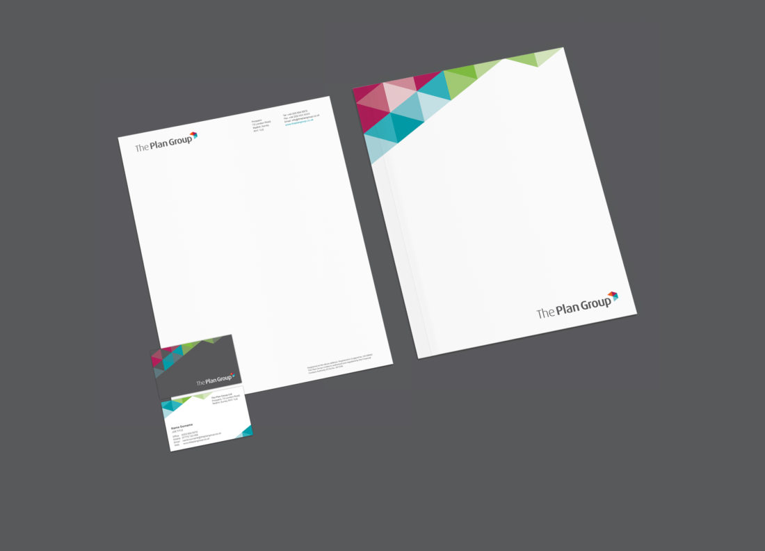 Letterhead, business card and folder in the new brand style for The Plan Group