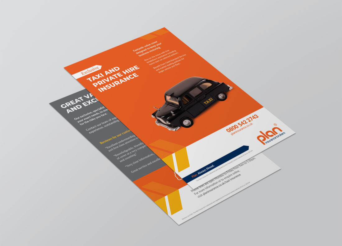 Front and reverse of a promotional leaflet for taxi insurance. The design consists of a toy taxi on a bright orange background.