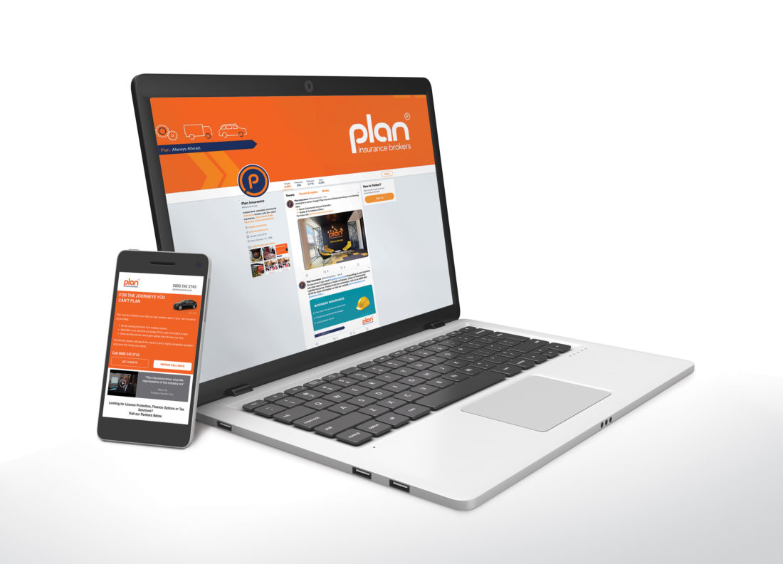Laptop and mobile phone show the Plan Insurance Facebook page and digital newsletter
