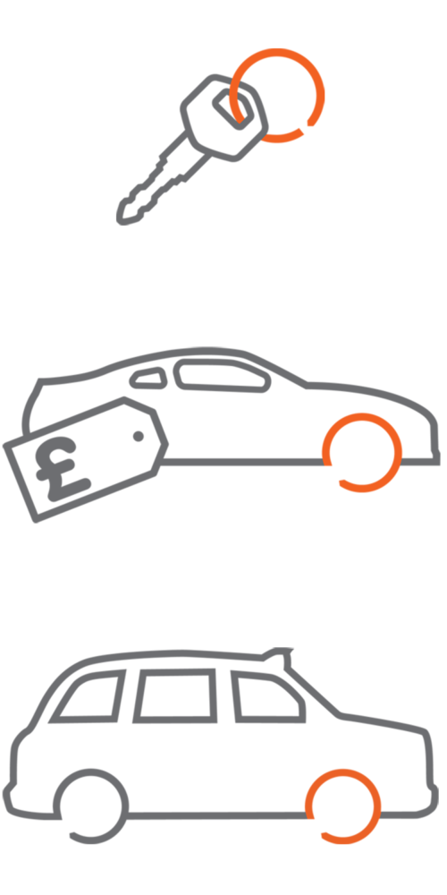 3 line icons of a car key, a sports car and a black cab taxi