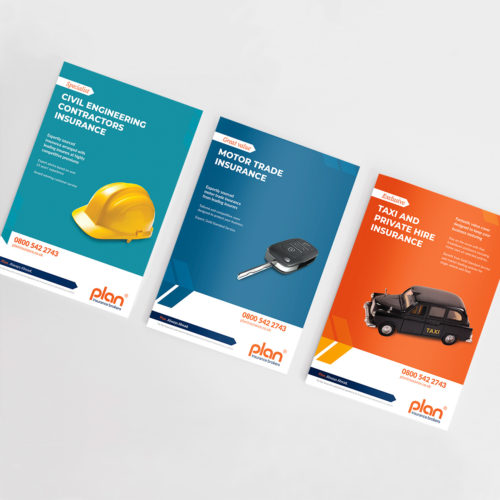 A series of A5 leaflets for commercial, motor trade and taxi, featuring cut-out images of objects on bright colour backgrounds