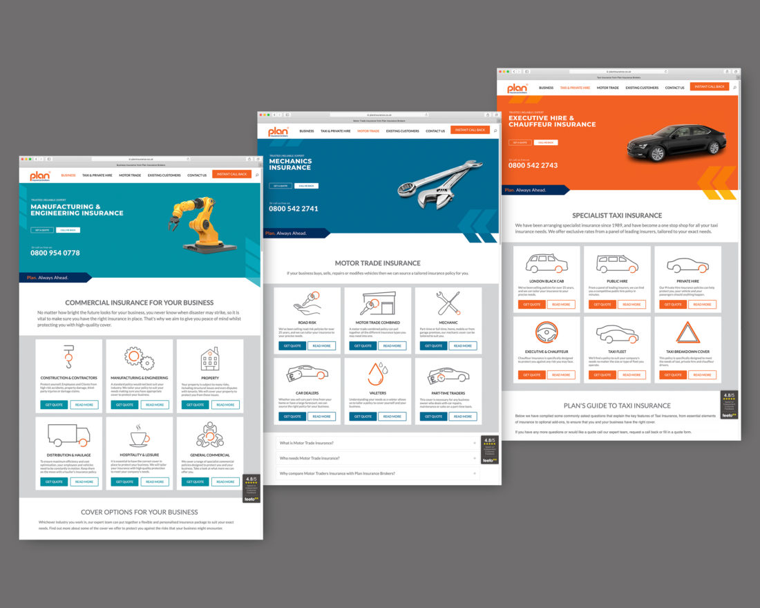 Three main product pages from the Plan Insurance website. Each has a bright colour hero image and further product descriptions with customised iconography