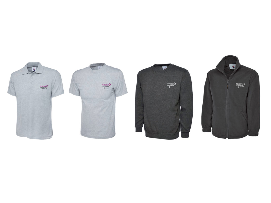 Light grey polo shirt and t-shirt, and dark grey sweatshirt and hoodle with the Rosebery Repairs logo