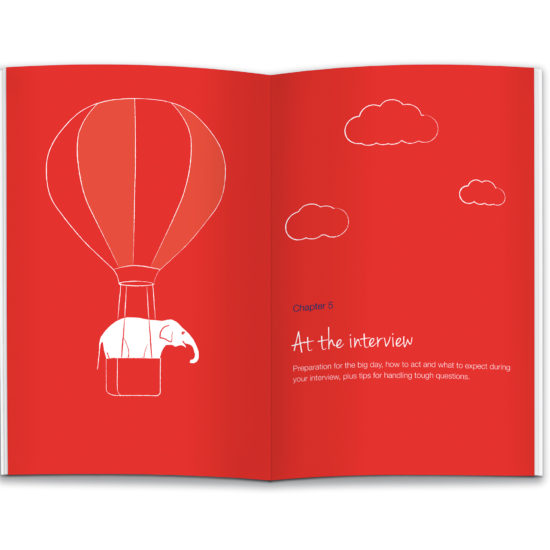 Inside spread of a chapter start. Illustration of an elephant in a hot-air balloon