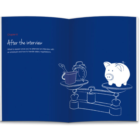 Inside spread of a chapter start. Illustration of a set of old-fashioned scales with a clock and bucket and spade on one side, and a piggy bank on the other