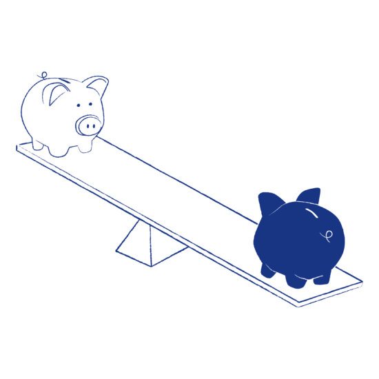 Line illustration of a see-saw with two piggy banks at either end
