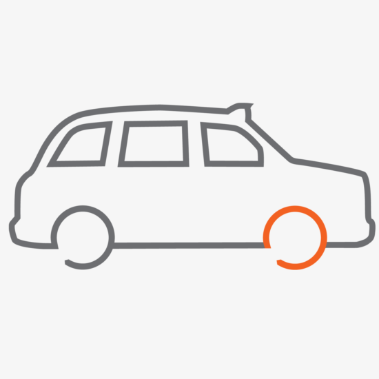 customised line icon of a taxi for black cab insurance. Features the Plan circle icon as the front wheel