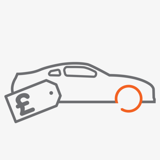 customised line icon of a sports car with a price tag for commercial dealers insurance. Features the Plan circle icon as the front wheel