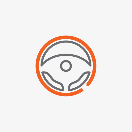 customised line icon of a steering wheel for chauffeur insurance. Features the Plan circle icon as part of the steering wheel
