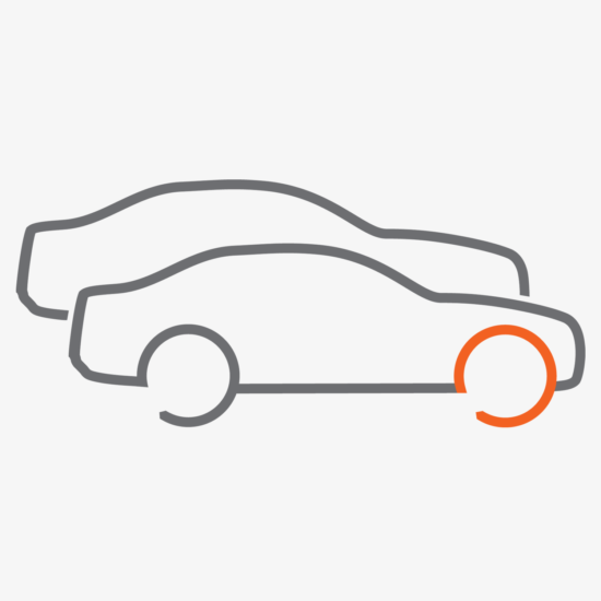 customised line icon of two saloon cars for commercial fleet insurance. Features the Plan circle icon as a front wheel