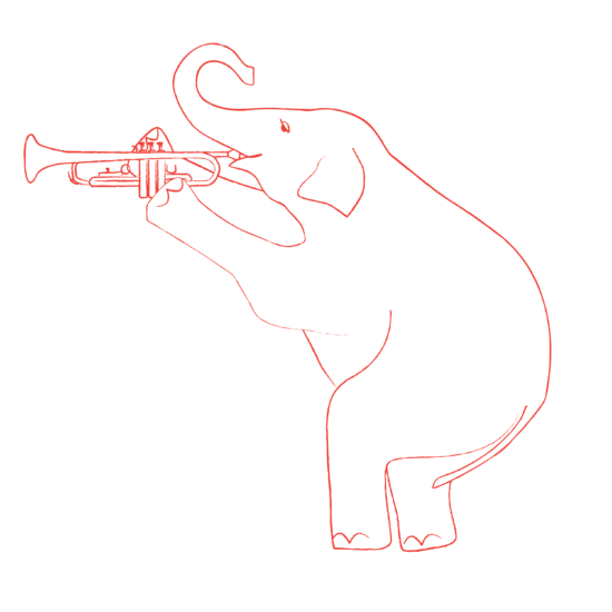 Line illustration of an elephant blowing a trumpet