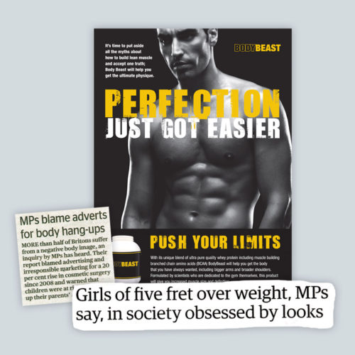 Mocked ad and press clippings. Mocked ad is for a body building supplement with the text 'Perfection just got easier'. Press clipping on the response from the report's release