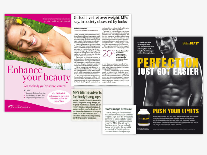 Two mocked up adverts in the style of cosmic surgery and body building adverts. In between are snippets from the press response to the report