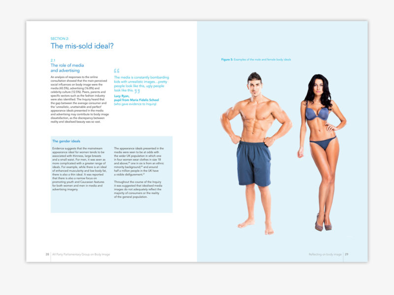 Inside page spread - the mis-sold ideal. right hand page has a male and female with 'perfect' bodies