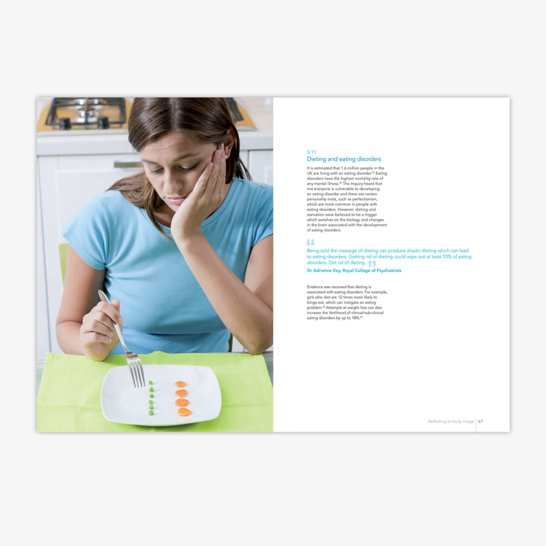 Inside page spread. left-hand page, a woman stares at a plate 4 carrot slices and a line of peas