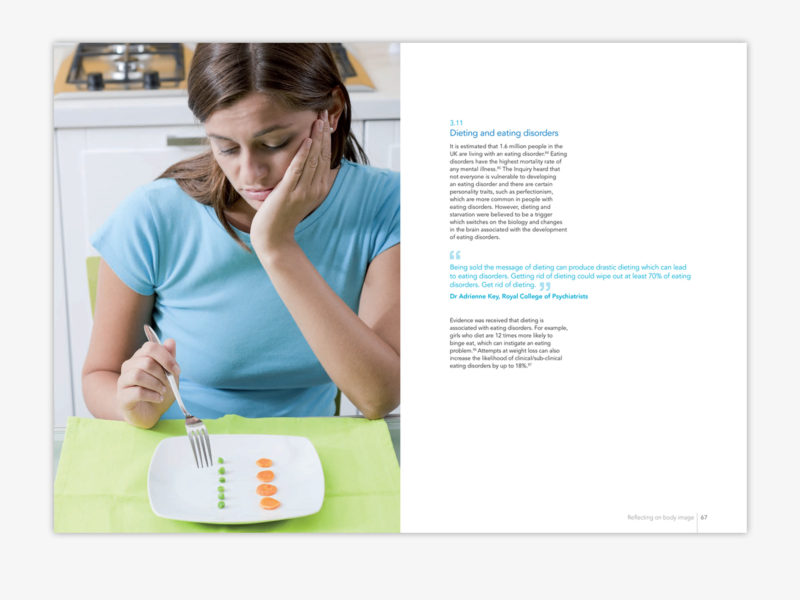 Inside page spread. left-hand page, a woman stares at a plate 4 carrot slices and a line of peas