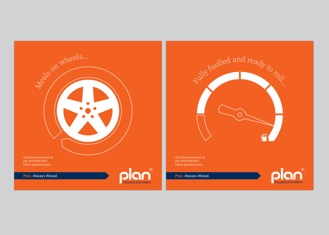 Visuals of front and reverse of sandwich bags. One side has an illustration of a car wheel 'Meals on wheels'. the other side has a fuel gauge "fully fuelled and ready to roll'