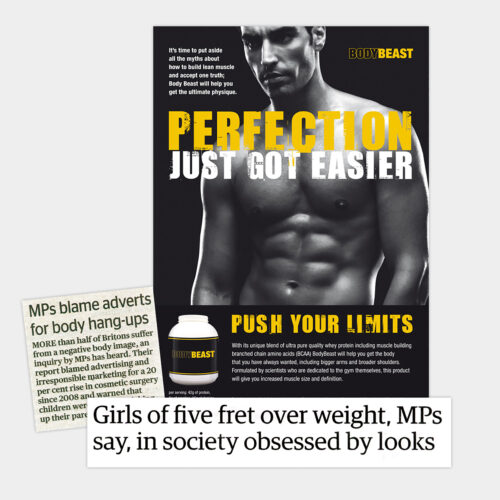 Mock ad and press clippings. The mock ad is for a body building supplement with the text 'Perfection just got easier'. Press clipping on the response from the report's release