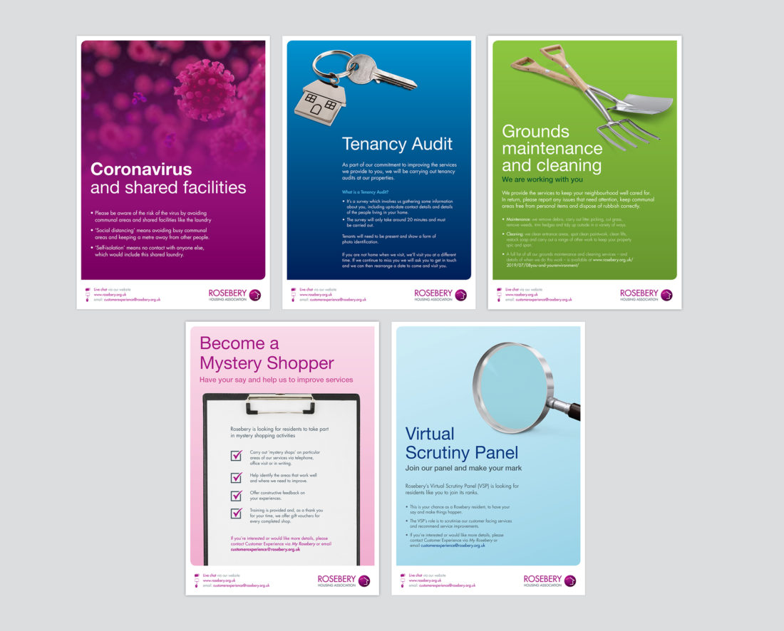5 brightly coloured posters in Rosebery brand colours, for display in residential communal areas.
