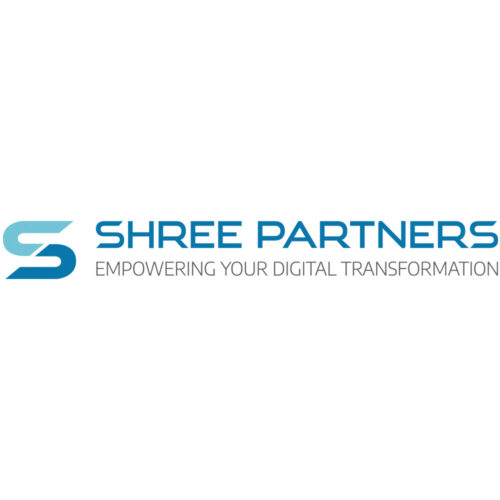 Shree Partners revised logo. Shree Partners is written in upper case in a modern, sans-serif typeface. To the left, a 'S' of the same typeface is sliced diagonally with the top half in light blue and the bottom half in mid-blue.