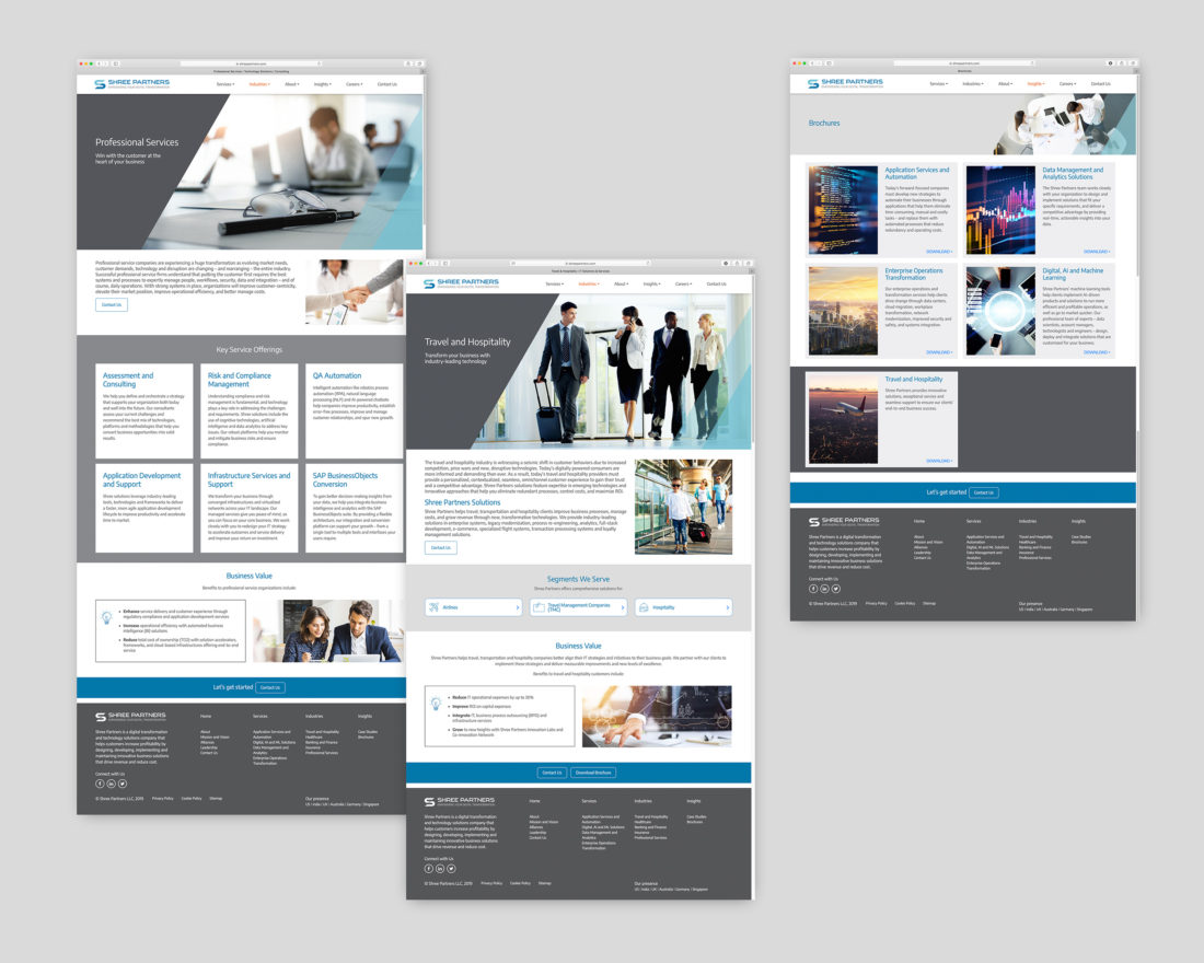 Three website pages for Shree detailing their client sectors. Pages are set in a grid system, with bold hero images of business people using technology, iconography and case studies