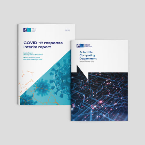 Front covers of publications in UKRI branding. On the left, a MRC publication on the Covid-19 virus. On the right, an annual review for the Scientific Computing Department at STFC