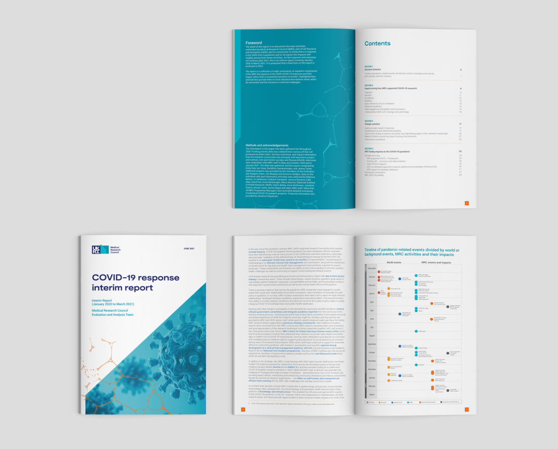 Front cover and inside page spreads for the UKRI MRC interim report on Covid-19.