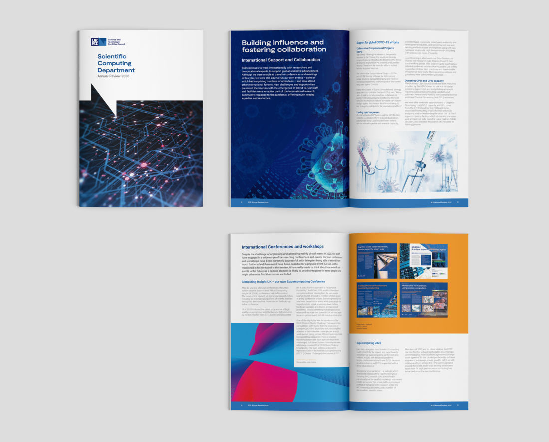 Front cover and inside page spreads for the Scientific Computing Department annual report