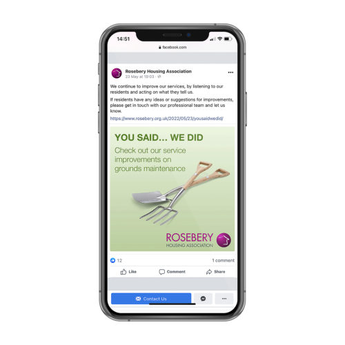 Image of mobile phone screen showing a Facebook post. The post is about improvements made to grounds maintenance and shows garden tools with the heading 'You said, we did'