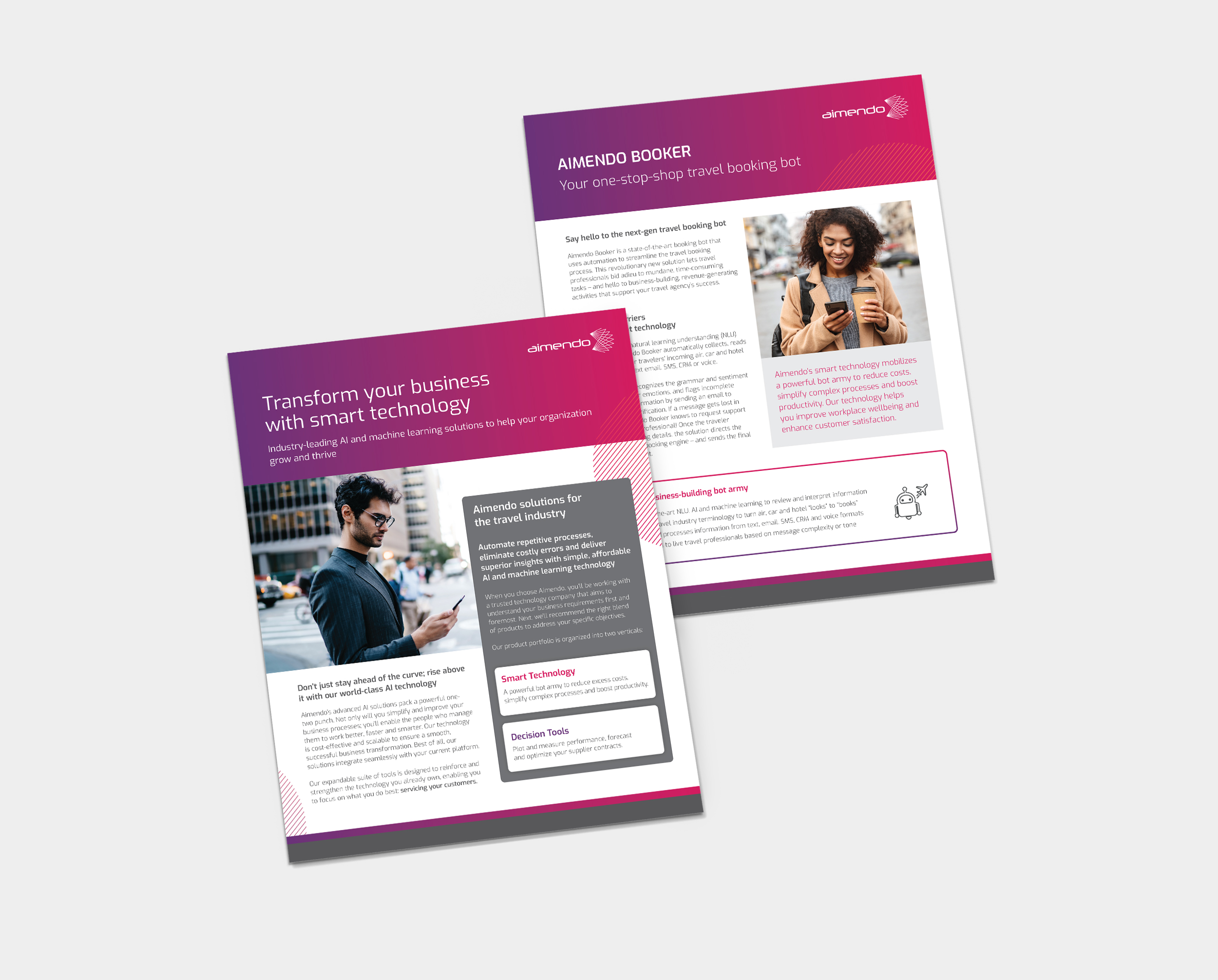 Two promotional brochures for Aimendo with images of business users on their mobile phones