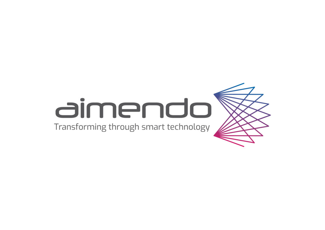 Logo for a technology company. Aimendo is written in lower case in a squarish sans-serif typeface. To the right, two sets of radiating lines intersect