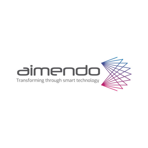 Logo for a technology company. Aimendo is written in lower case in a squarish sans-serif typeface. To the right, two sets of radiating lines intersect