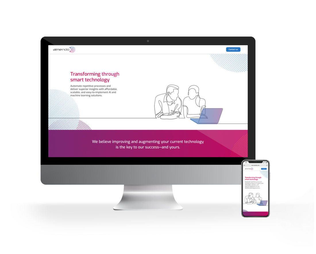 Website landing page for Aimendo displayed on desktop and mobile screens