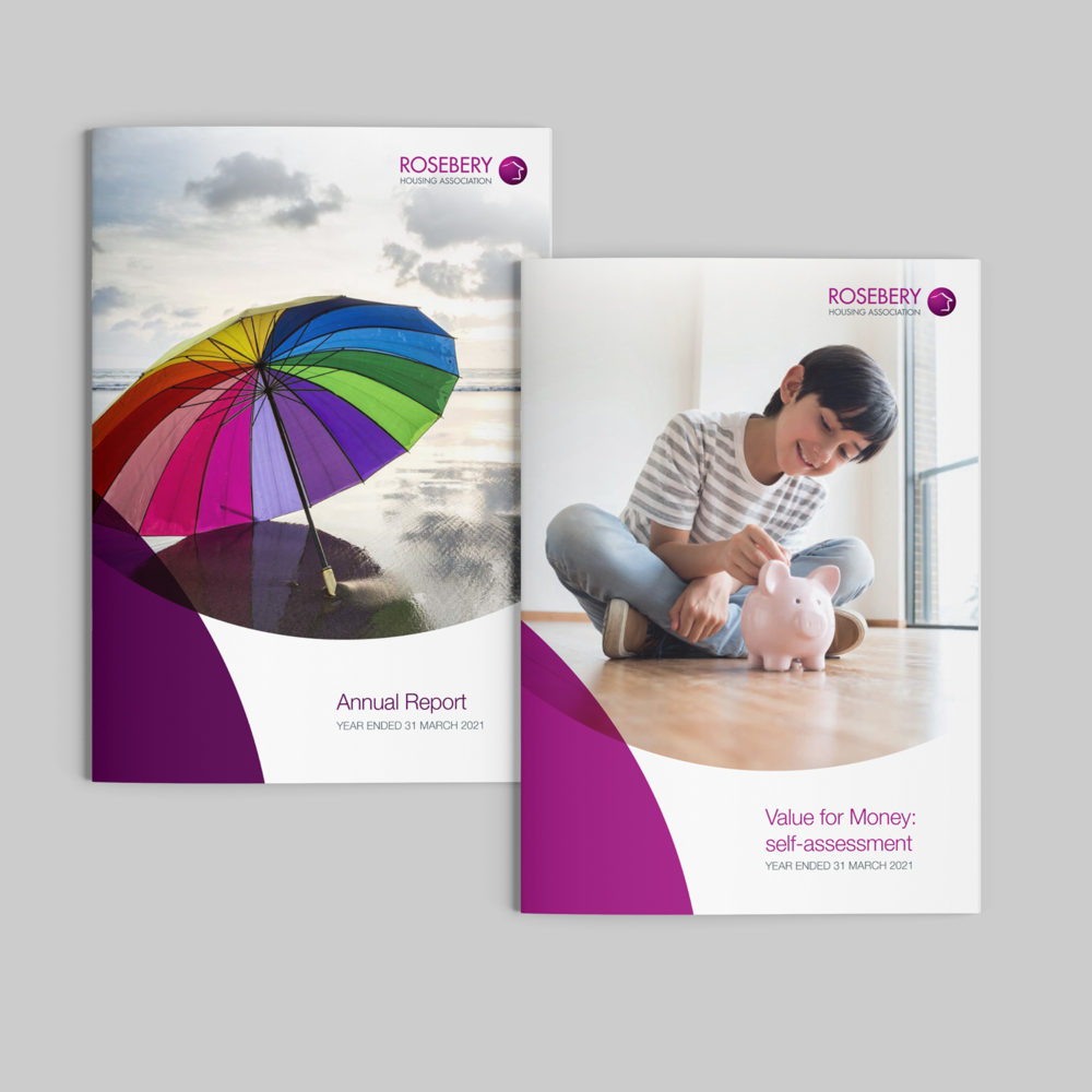 Front covers of Rosebery financial reports. On the left, the annual report - image of a bright multi-coloured umbrella on a beach. On the right, the Value for Money report - image of a smiling boy adding coins to a porcelain pig money box
