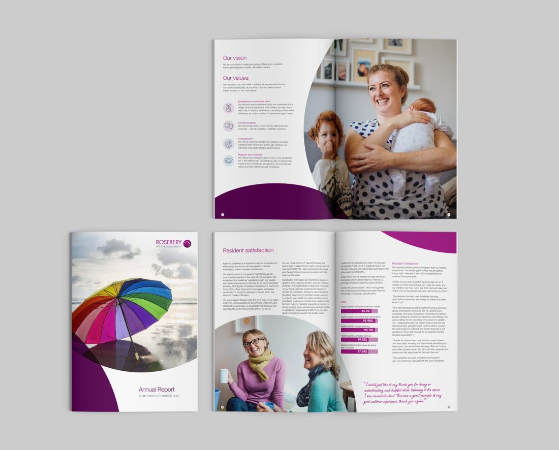 Front cover and inside spread pages of the Rosebery annual report. Pages are set with plenty of white space, large images of smiling people and infographics