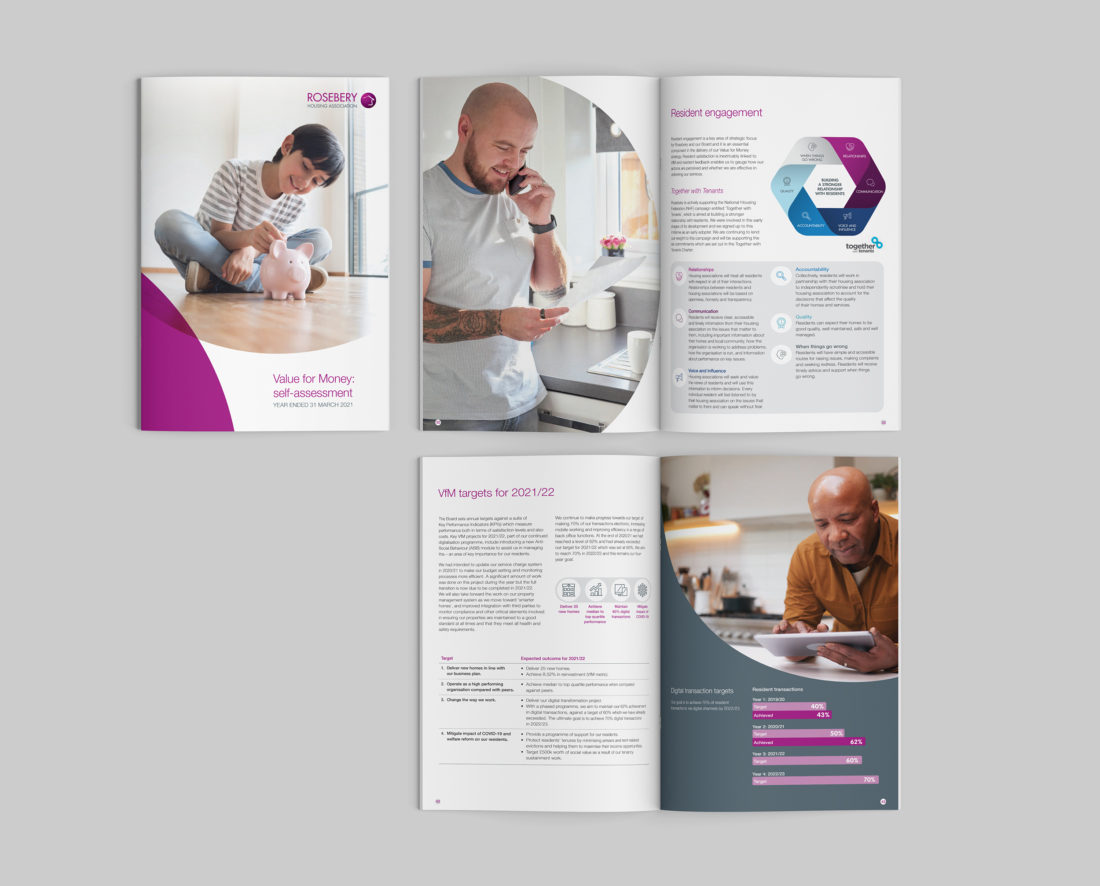 Front cover and inside spread pages of the Rosebery Value for Money report. Pages are set with plenty of white space, large images of smiling, engaged people and infographics