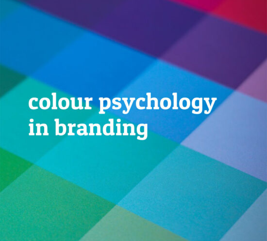 printed colour swatch squares with the words 'colour psychology in branding' in white