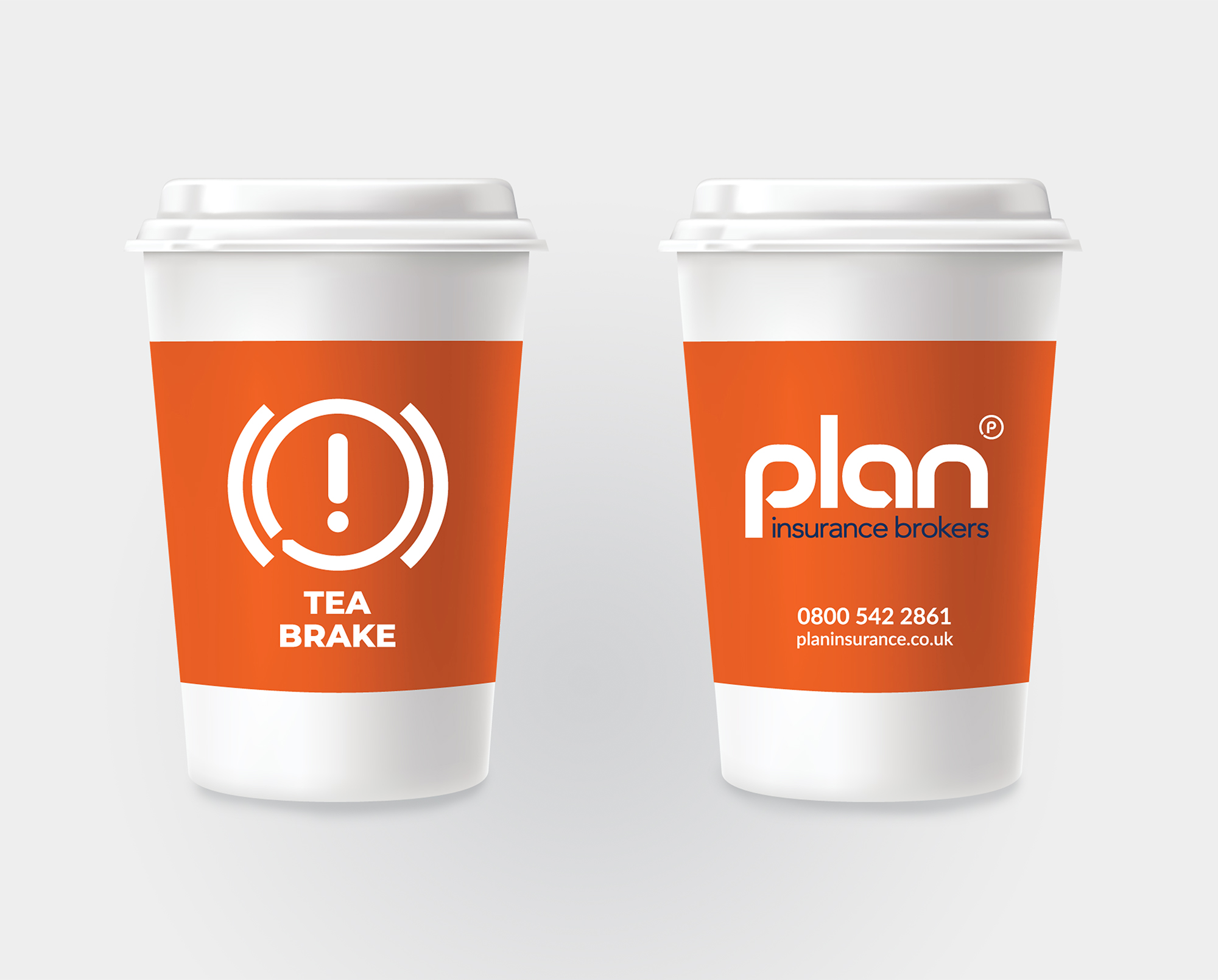 Mock-up of two travel cups branded as Plan Insurance. The logo and contact details are on one side. The reverse has a car dashboard warning icon and the words 'Tea Brake'