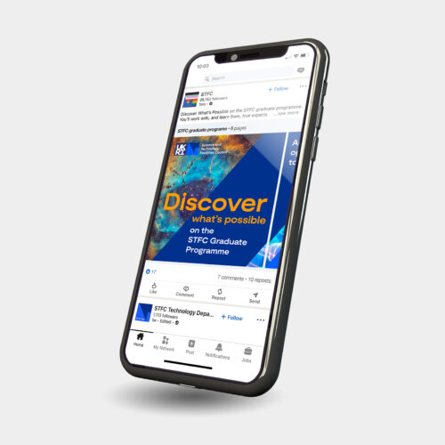 Smartphone screen showing LinkedIn carousel post for UKRI Science, Technology and Facilities Council