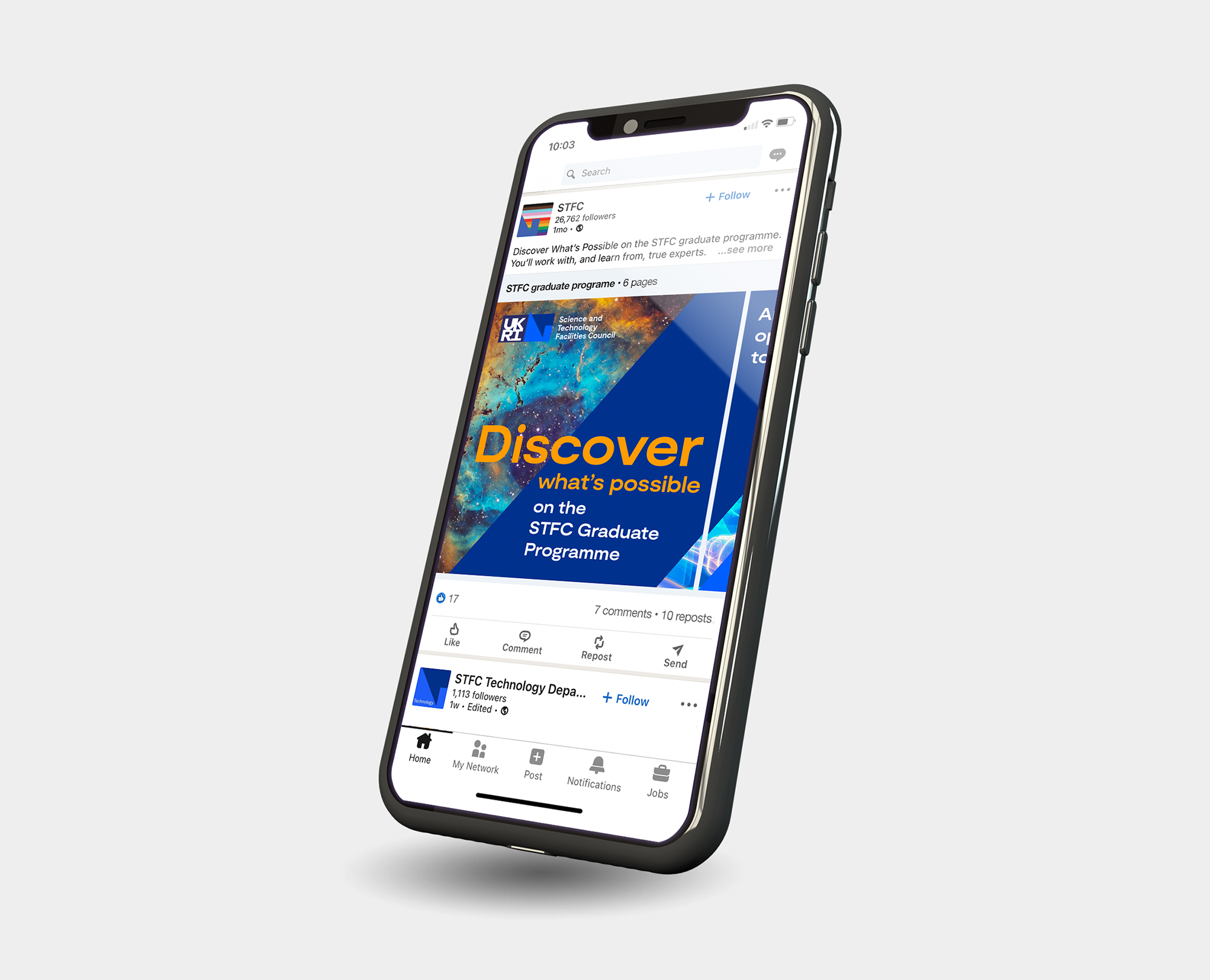 Smartphone screen showing LinkedIn carousel post for UKRI Science, Technology and Facilities Council