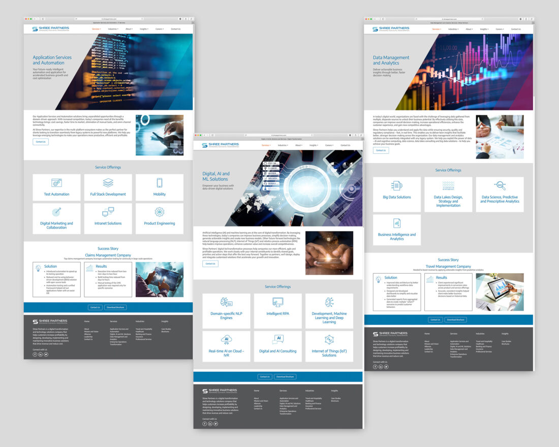 Three website pages for Shree detailing their services. Pages are set in a grid system, with bold hero images of abstract technology, iconography and case studies