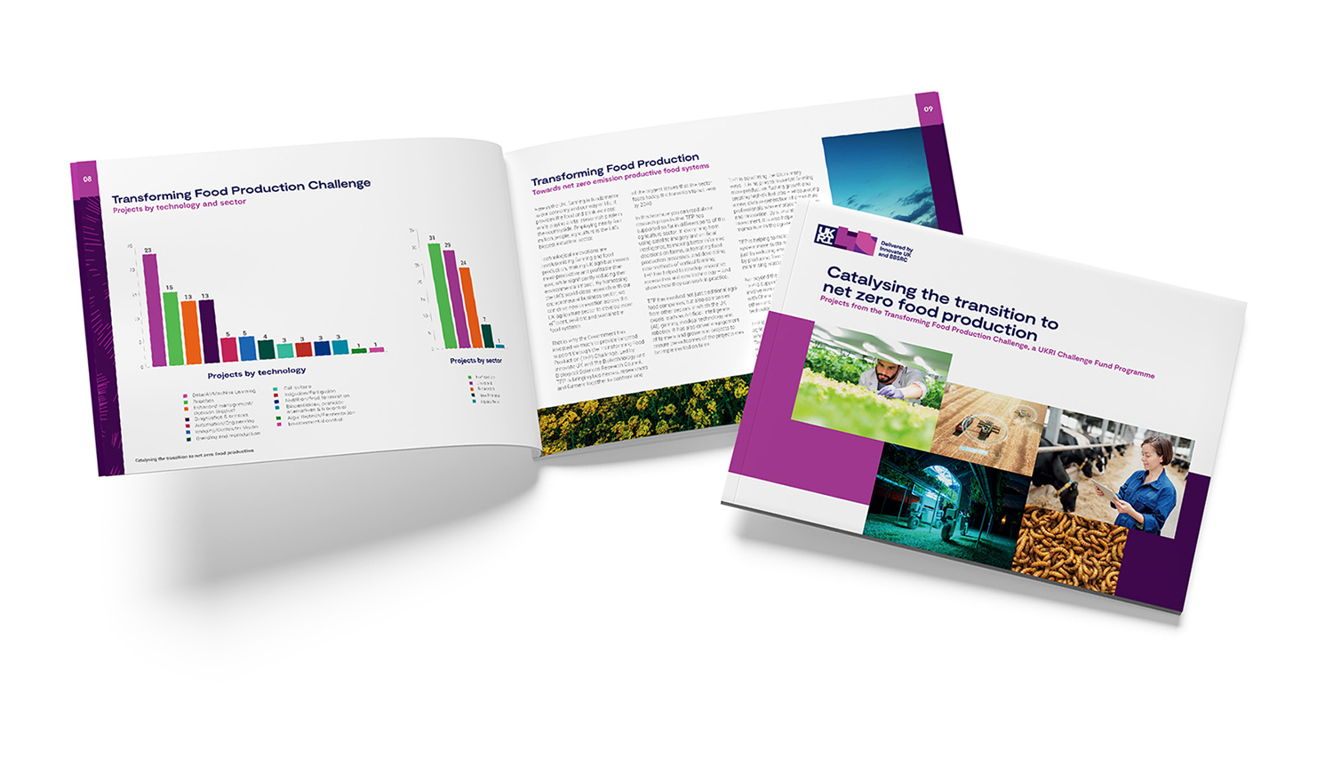 Cover and open spread of an A5 landscape publication for UKRI - 'catalysing the transistion to net zero food production'