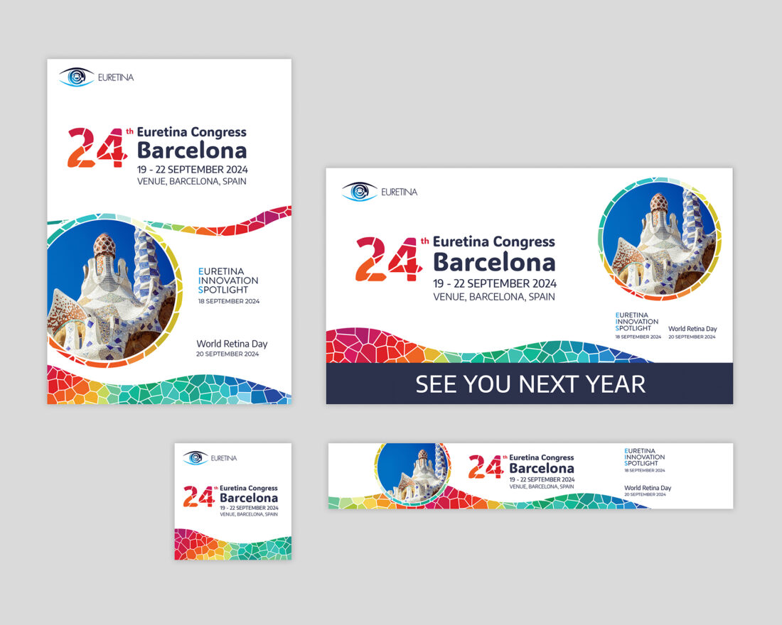 Visuals of Euretina Congress 24 in Barcelona, showing poster, social media image, exhibition banner and website banner