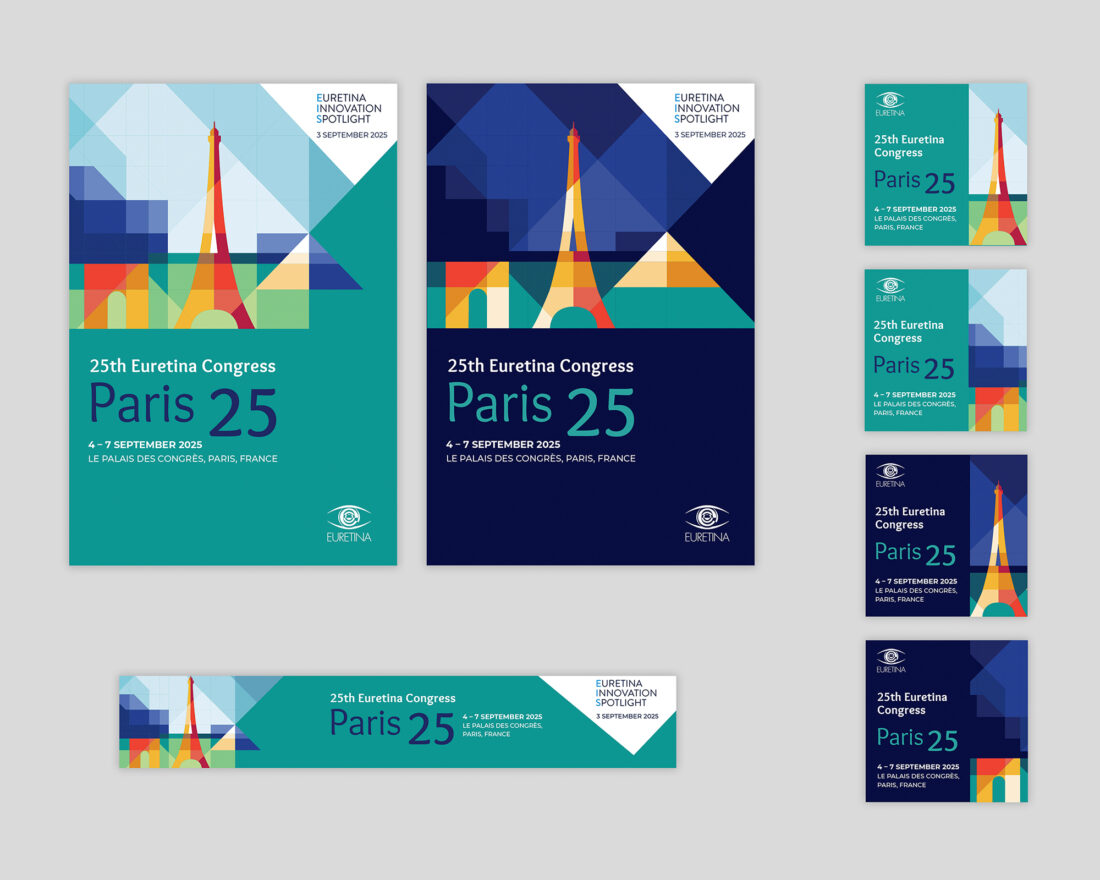 Visuals of Euretina Congress 25 in Paris, showing poster, web banner and social media images