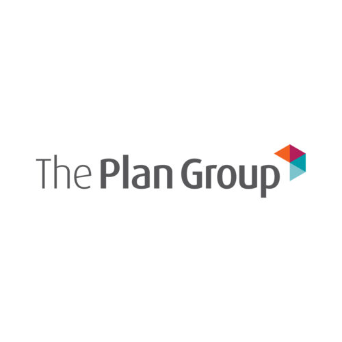 Logo for the The Plan Group. Text is in grey with Plan Group in bold type. To the right is a set of 4 tessellated triangles.