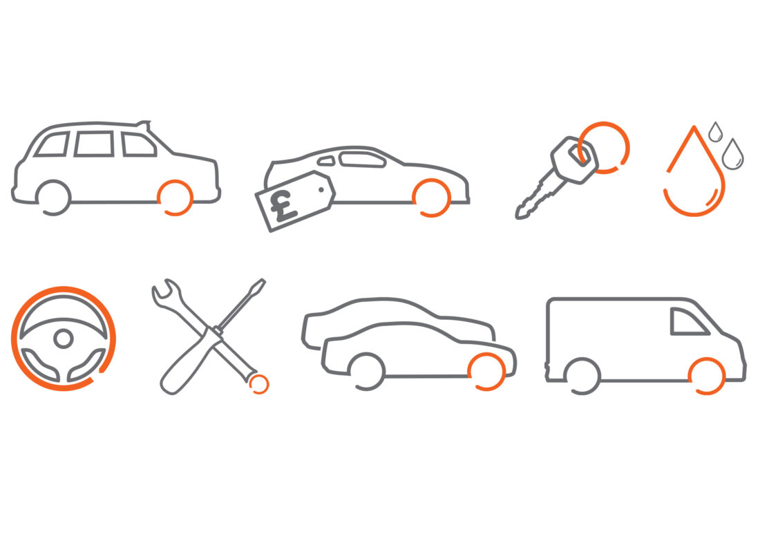 A group of 8 customised icons, featuring a black cab, sport's car with a price tag, key, water drops, steering wheel, spanner and screwdriver, 2 saloon cars and a large van. Each icon is grey with an orange Plan icon.